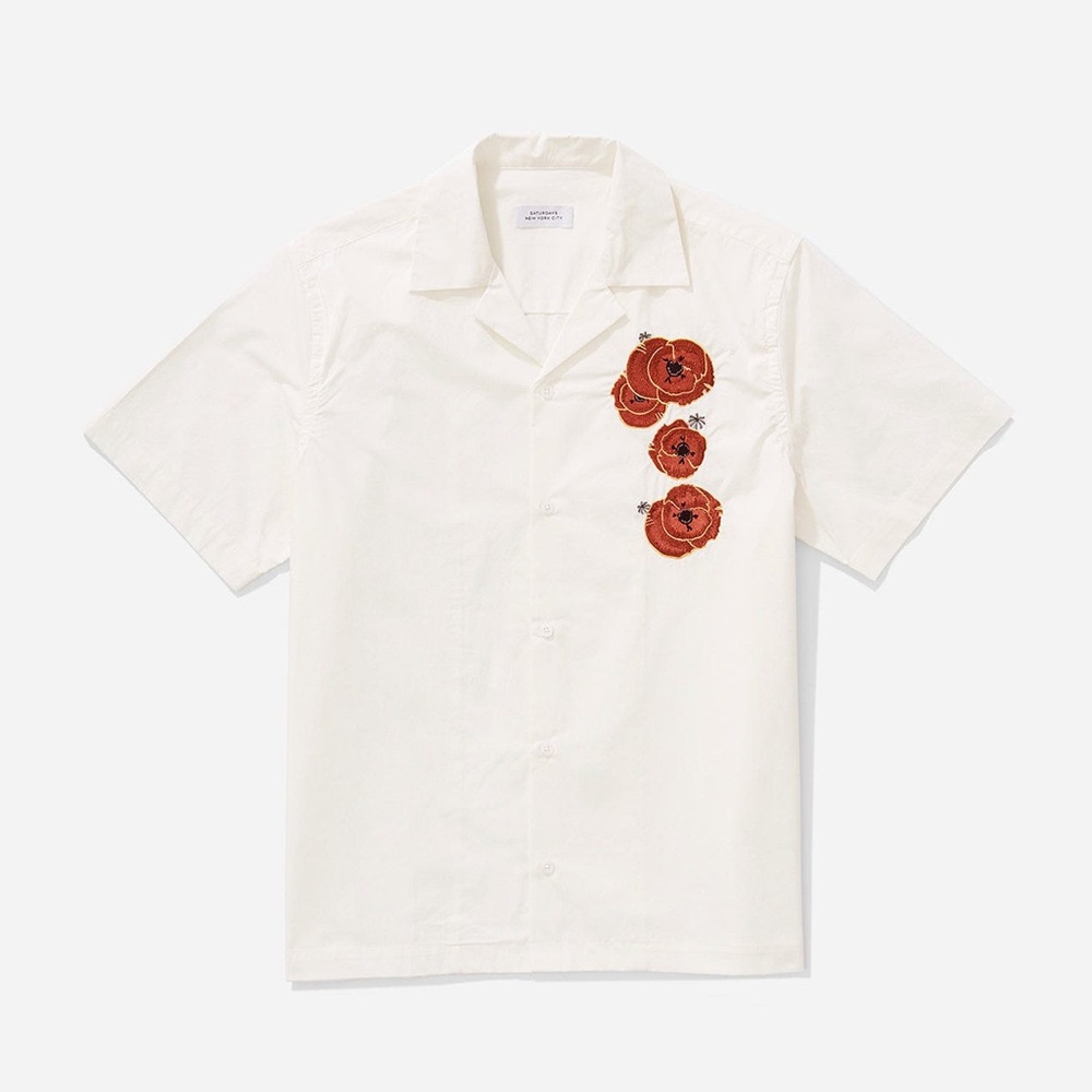 ▪️Saturdays White Canty Opium Floral Embroidered Short Sleeve Button Up Shirt S